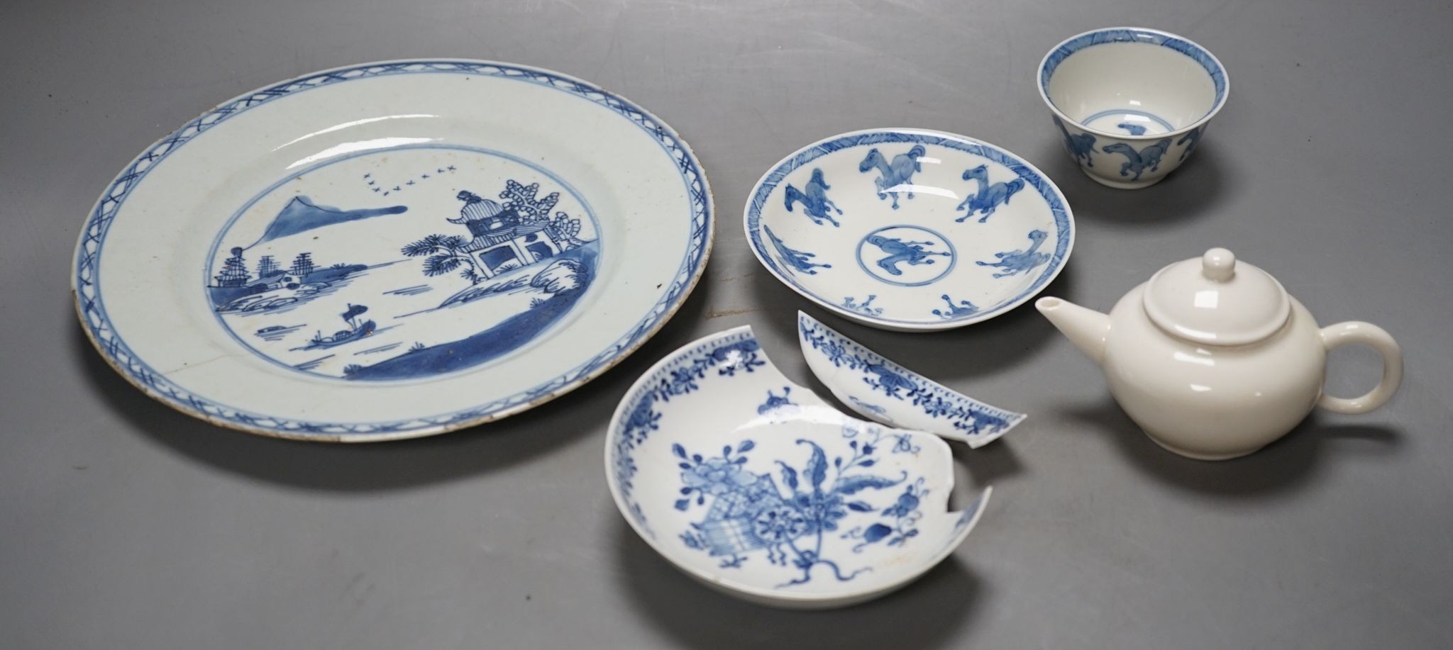 A Chinese blue and white plate, 23.5 cm, a similar tea bowl and saucer, a saucer and a white glaze teapot and cover, 18th century and later